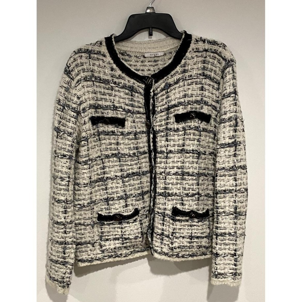 Sioni Cardigan Sweater Jacket Women Black White Knit Grandma Career Office